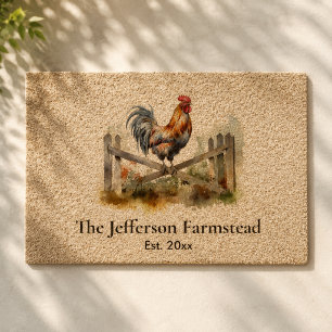 Rustic Watercolor Rooster Country Farmstead Fiber Doormat