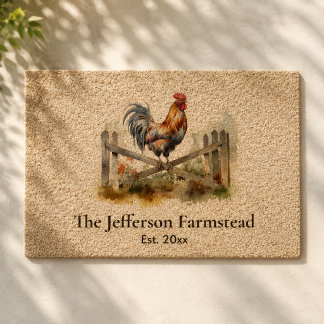 Rustic Watercolor Rooster Country Farmstead Fiber Doormat