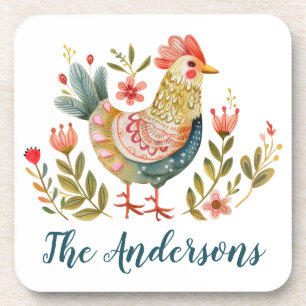 Rustic Watercolor Rooster Kitchen Decor Beverage Coaster