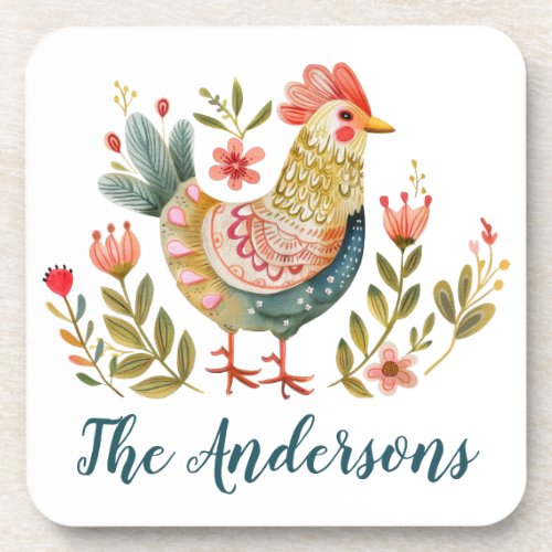 Rustic Watercolor Rooster Kitchen Decor Beverage Coaster