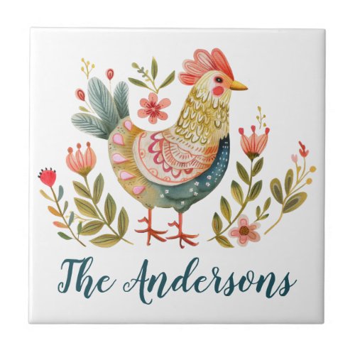 Rustic Watercolor Rooster Kitchen Decor Ceramic Tile