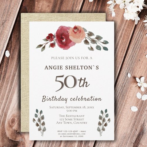 Rustic Watercolor Roses Floral 50th Birthday Party Invitation