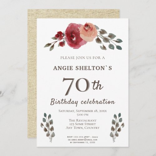 Rustic Watercolor Roses Floral 70th Birthday Party Invitation - Rustic Watercolor Roses Floral 70th Birthday Party Invitation for Her. Rustic floral invitation with beautiful red watercolor roses. The back side of the card is a beige rustic texture. The text is fully customizable -  personalize it with your name, age, date, location and RSVP.  Perfect for a woman who is celebrating her seventieth birthday. Floral invite for 70 years birthday party.