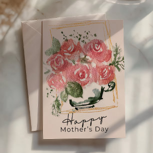 Rustic Watercolor Roses in a Teacup Mother’s Day Card