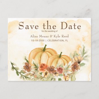 Rustic Watercolor Save The Date Pumpkin Wedding An Announcement Postcard by WittyPrintables at Zazzle