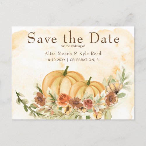 Rustic Watercolor Save the Date Pumpkin Wedding An Announcement Postcard