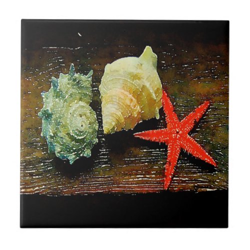 rustic watercolor seashell starfish beach house ceramic tile