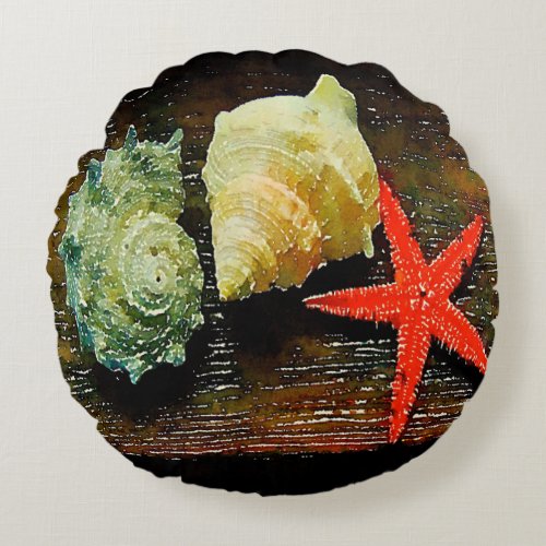 rustic watercolor seashell starfish beach house round pillow