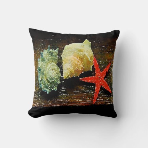 rustic watercolor seashell starfish beach house throw pillow