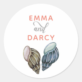 Rustic Watercolor Seashells Starfish Beach Wedding Classic Round Sticker