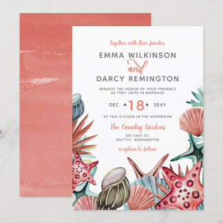 Rustic Watercolor Seashells Starfish Beach Wedding Invitation