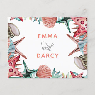Rustic Watercolor Seashells Starfish Beach Wedding Invitation Postcard