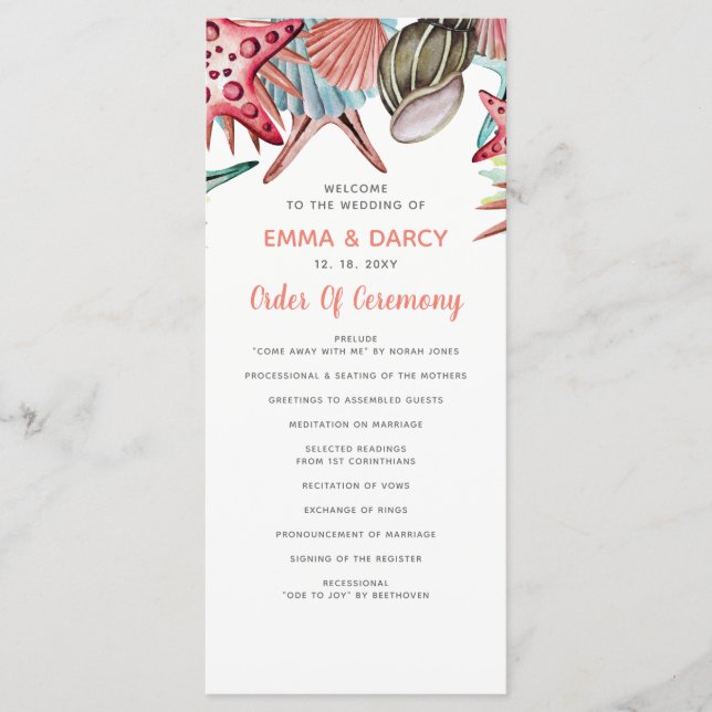 Rustic Watercolor Seashells Starfish Beach Wedding Program (Front)