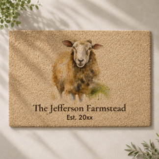 Rustic Watercolor Sheep Country Farmstead Fiber Doormat