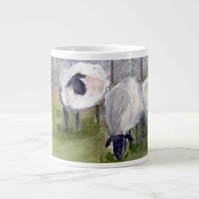 Rustic Watercolor Sheep Giant Coffee Mug (Front)