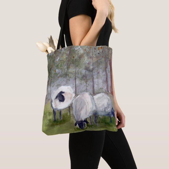 Rustic Watercolor Sheep Tote Bag (Close Up)