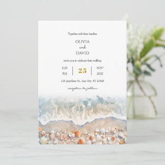 Rustic Watercolor Shell White Sandy Beach Wedding Invitation