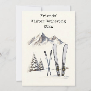 Rustic Watercolor Ski Snow Mountain Family Reunion Invitation