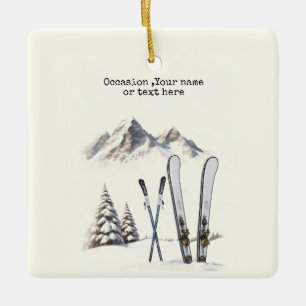 Rustic Watercolor Ski Snow Tree Mountain Winter Ceramic Ornament