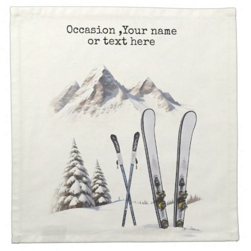 Rustic Watercolor Ski Snow Tree Mountain Winter Cloth Napkin