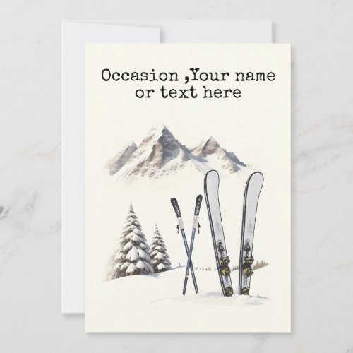 Rustic Watercolor Ski Snow Tree Mountain Winter Holiday Card