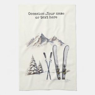 Rustic Watercolor Ski Snow Tree Mountain Winter Kitchen Towel
