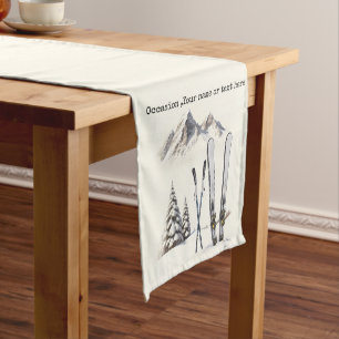 Rustic Watercolor Ski Snow Tree Mountain Winter Short Table Runner
