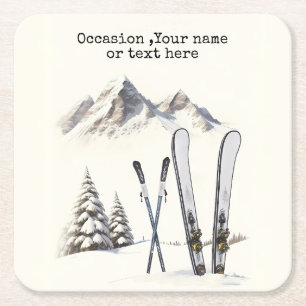 Rustic Watercolor Ski Snow Tree Mountain Winter Square Paper Coaster