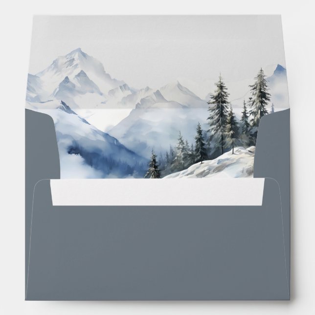 Rustic Watercolor Snow Mountain Pine Trees Wedding Envelope (Back (Bottom))