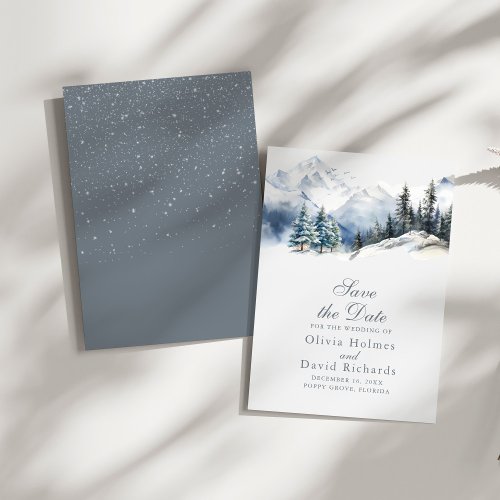 Rustic Watercolor Snow Mountain Pine Trees Wedding Save The Date