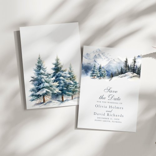 Rustic Watercolor Snow Mountain Pine Trees Wedding Save The Date