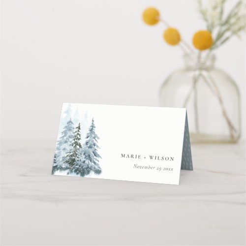 Rustic Watercolor Snow Winter Forest Pine Wedding Place Card