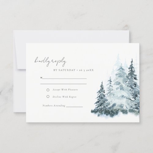 Rustic Watercolor Snow Winter Forest Pine Wedding RSVP Card