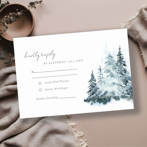 Rustic Watercolor Snow Winter Forest Pine Wedding RSVP Card