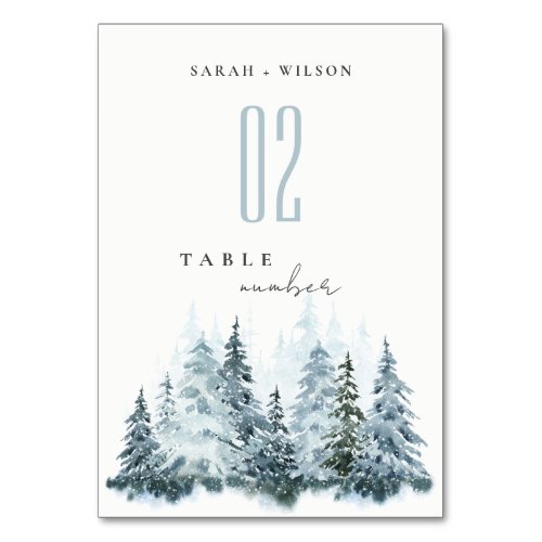 Rustic Watercolor Snow Winter Forest Pine Wedding Table Number