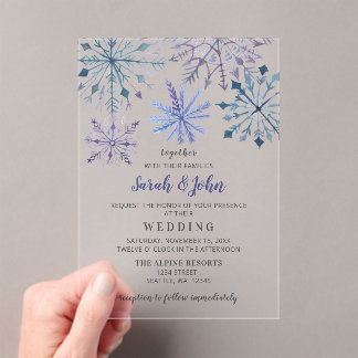 Rustic Watercolor Snowflakes Blue Winter Wedding Acrylic Invitations