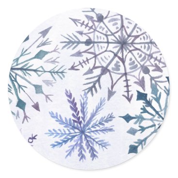 Rustic Watercolor Snowflakes Blue Winter Wedding Classic Round Sticker