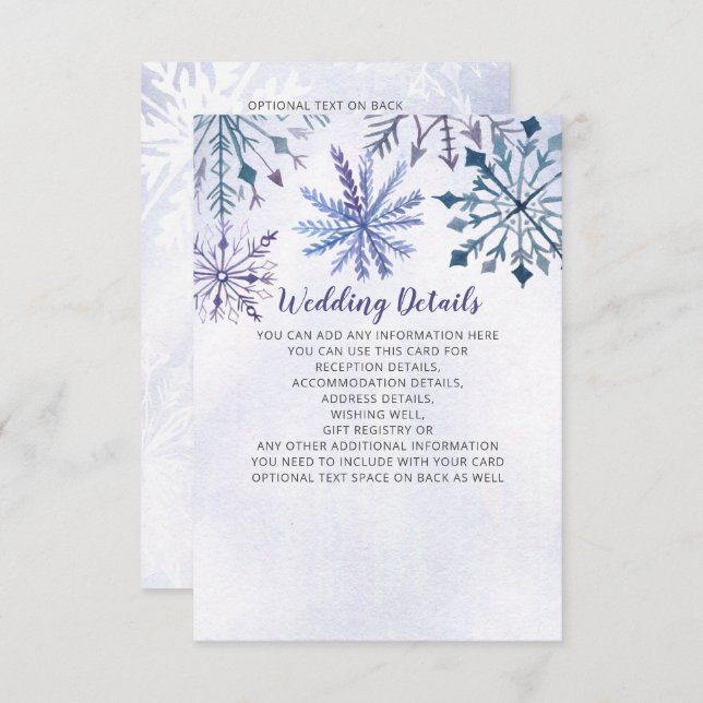 Rustic Watercolor Snowflakes Blue Winter Wedding Enclosure Card (Front/Back)