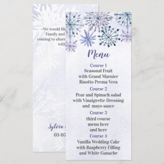 Rustic Watercolor Snowflakes Blue Winter Wedding Menu