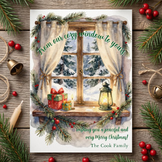 Rustic Watercolor Snowy Window Family Christmas Holiday Card
