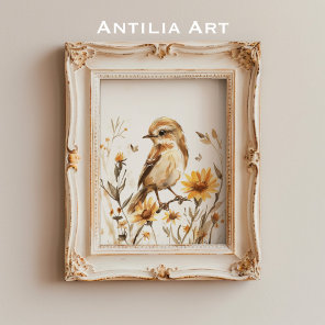 Rustic Watercolor Sparrow Bird Painting Wildflower Poster