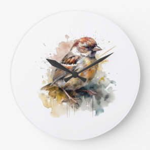 Rustic Watercolor Sparrow Bird Wall Clock Art