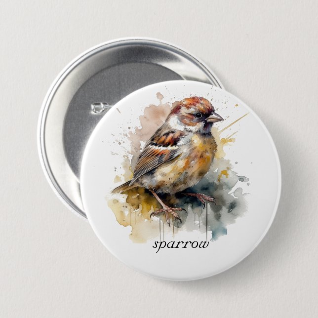 Rustic Watercolor Sparrow, custom Button (Front & Back)