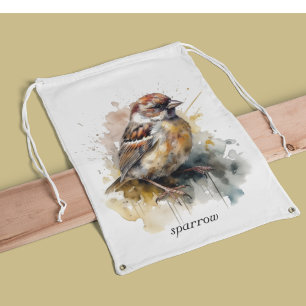 Rustic Watercolor Sparrow, custom Drawstring Bag
