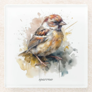 Rustic Watercolor Sparrow, custom Glass Coaster