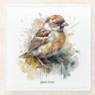 Rustic Watercolor Sparrow, custom Glass Coaster