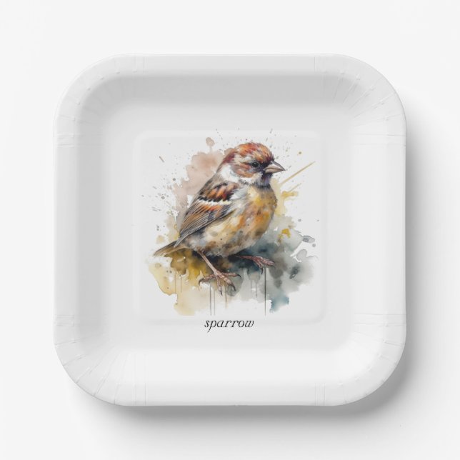 Rustic Watercolor Sparrow, custom Paper Plates (Front)