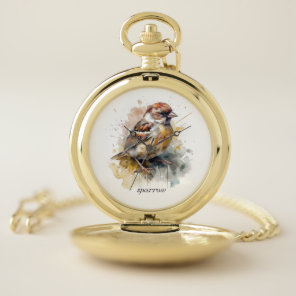 Rustic Watercolor Sparrow, custom Pocket Watch