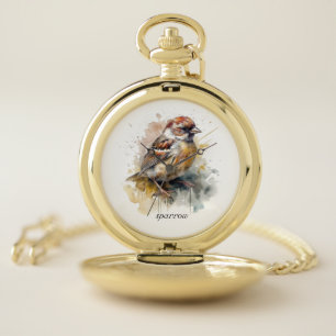 Rustic Watercolor Sparrow, custom Pocket Watch