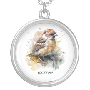 Rustic Watercolor Sparrow, custom Silver Plated Necklace
